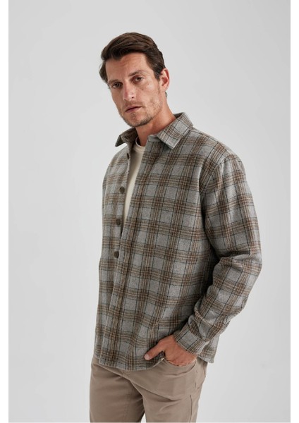 Relax Fit Polo Yaka Düğmeli Kalın Ekose Desenli Gömlek Ceket