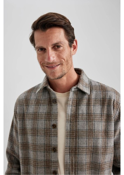 Relax Fit Polo Yaka Düğmeli Kalın Ekose Desenli Gömlek Ceket