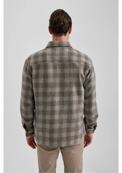 Relax Fit Polo Yaka Düğmeli Kalın Ekose Desenli Gömlek Ceket