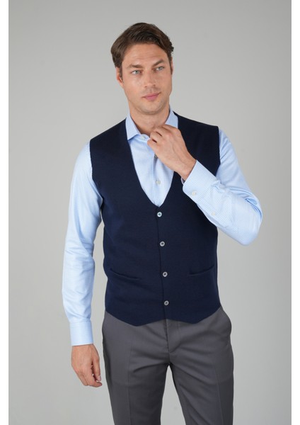 Lacivert Düz Triko Yün Erkek Yelek TRYL24K24203_D39