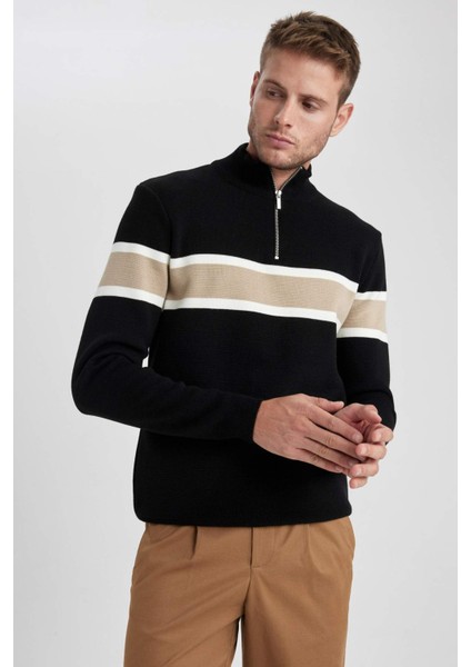 Standart Fit Normal Kesim Dik Yaka Fermuarlı Çizgili Triko Kazak Y4193AZ23WN