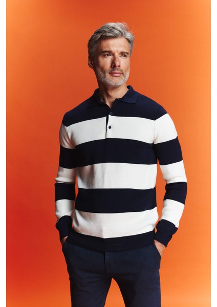 Standart Fit Çizgili Polo Yaka Kazak Y4194AZ23WN