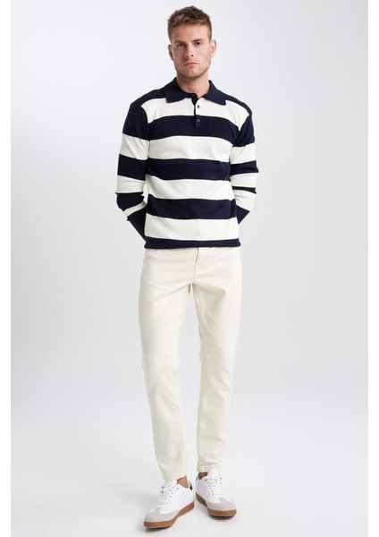 Standart Fit Çizgili Polo Yaka Kazak Y4194AZ23WN