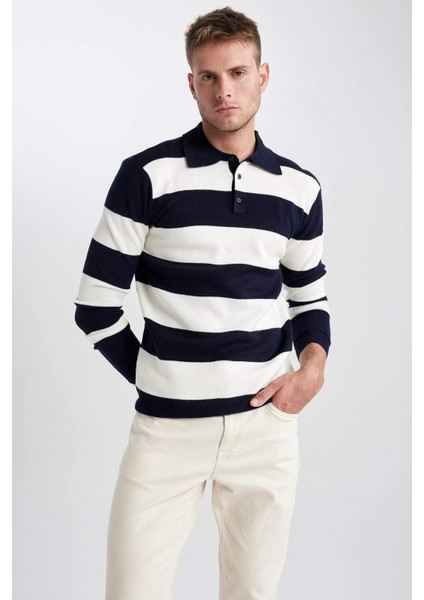 Standart Fit Çizgili Polo Yaka Kazak Y4194AZ23WN