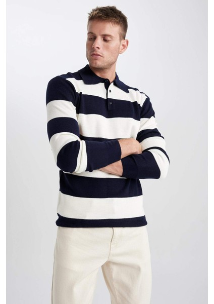 Standart Fit Çizgili Polo Yaka Kazak Y4194AZ23WN