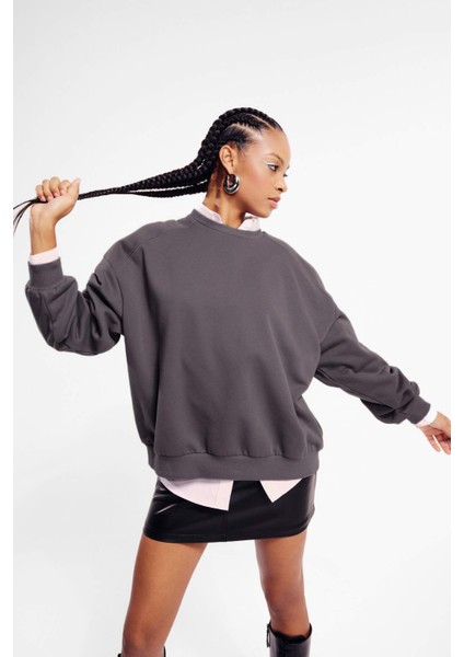 Coool Oversize Geniş Kalıp Bisiklet Yaka Kalın Basic Düz Sweatshirt A4177AX23WN