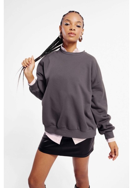 Coool Oversize Geniş Kalıp Bisiklet Yaka Kalın Basic Düz Sweatshirt A4177AX23WN