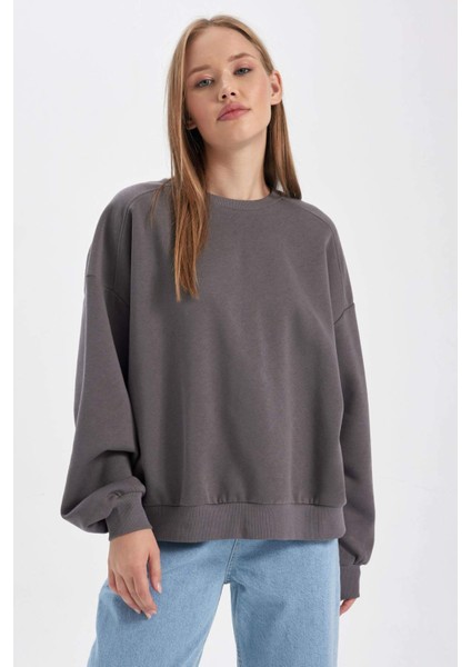 Coool Oversize Geniş Kalıp Bisiklet Yaka Kalın Basic Düz Sweatshirt A4177AX23WN