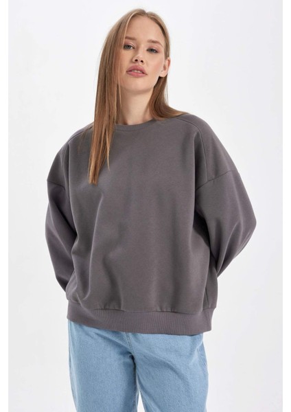Coool Oversize Geniş Kalıp Bisiklet Yaka Kalın Basic Düz Sweatshirt A4177AX23WN