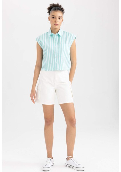 Coool Crop Çizgili Poplin Kolsuz %100 Pamuk Gömlek A6862AX23SM