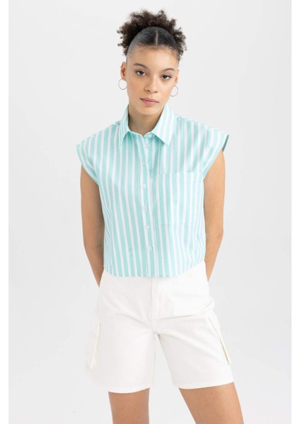 Coool Crop Çizgili Poplin Kolsuz %100 Pamuk Gömlek A6862AX23SM
