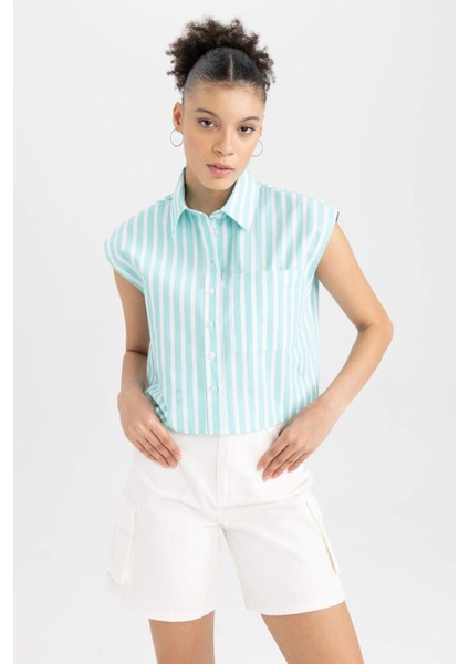 Coool Crop Çizgili Poplin Kolsuz %100 Pamuk Gömlek A6862AX23SM