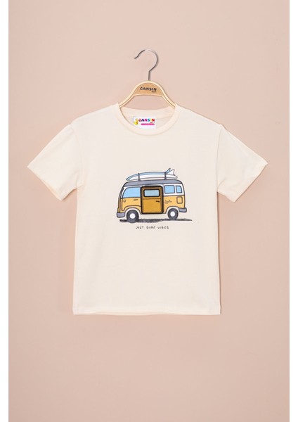 Krem Araba Baskılı Nakış Detaylı Erkek Çocuk Bisiklet Yaka Tişört 20957