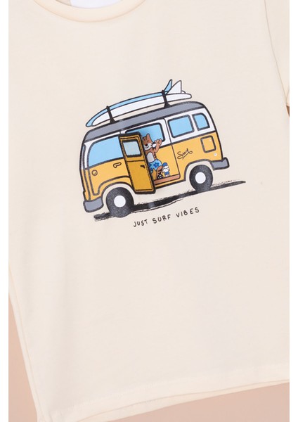 Krem Araba Baskılı Nakış Detaylı Erkek Çocuk Bisiklet Yaka Tişört 20957 fiyatları