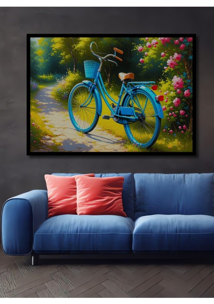 Çerçeve Görünümlü Çiçekli Yolda Nostaljik Bisiklet Yağlı Boya Görünümlü Ahşap Ofis Kare Tablo
