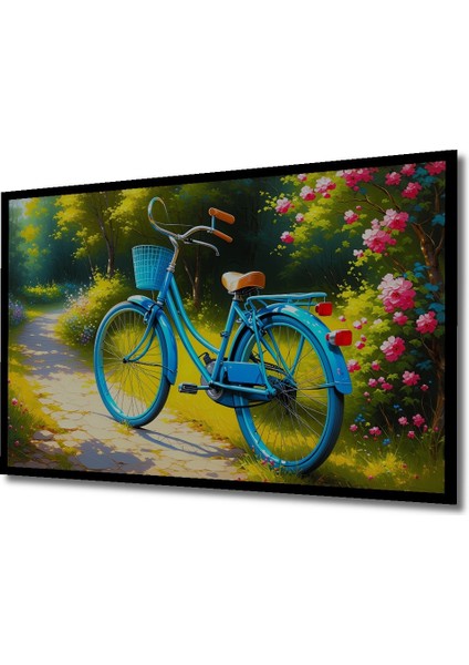 Çerçeve Görünümlü Çiçekli Yolda Nostaljik Bisiklet Yağlı Boya Görünümlü Ahşap Ofis Kare Tablo fiyatları
