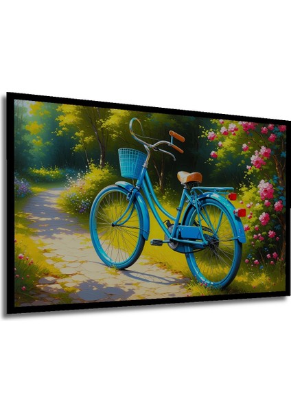 Çerçeve Görünümlü Çiçekli Yolda Nostaljik Bisiklet Yağlı Boya Görünümlü Ahşap Ofis Kare Tablo modelleri