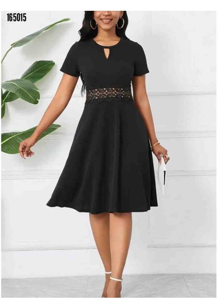 Kadın Kısa Kollu Yuvarlak Yaka Damla Detaylı Janjan Elbise, Kırmızı Gül Figürlü Kolye Hediye