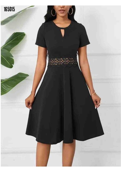 Kadın Kısa Kollu Yuvarlak Yaka Damla Detaylı Janjan Elbise, Kırmızı Gül Figürlü Kolye Hediye modelleri