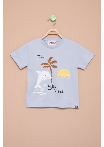 Mavi Balık Baskılı Nakışlı Erkek Bebek Bisiklet Yaka Tişört 20943