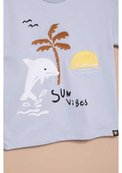 Mavi Balık Baskılı Nakışlı Erkek Bebek Bisiklet Yaka Tişört 20943 fiyatları