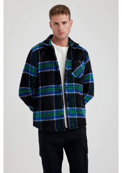 Polo Yaka Düğmeli Kareli Uzun Kollu Gömlek Ceket A5314AX23AU