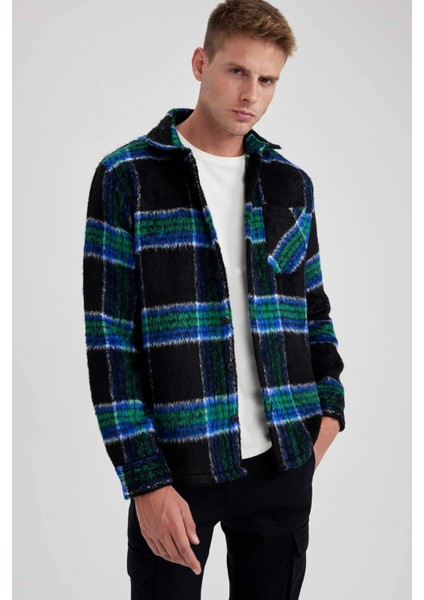 Polo Yaka Düğmeli Kareli Uzun Kollu Gömlek Ceket A5314AX23AU