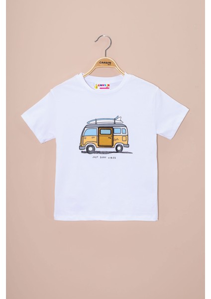 Ekru Araba Baskılı Nakış Detaylı Erkek Çocuk Bisiklet Yaka Tişört 20956