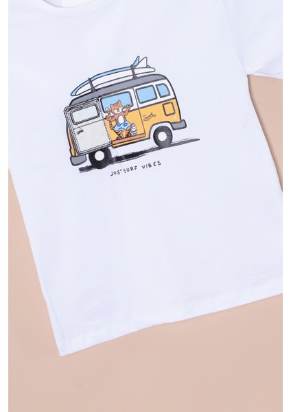 Ekru Araba Baskılı Nakış Detaylı Erkek Çocuk Bisiklet Yaka Tişört 20956 fiyatları