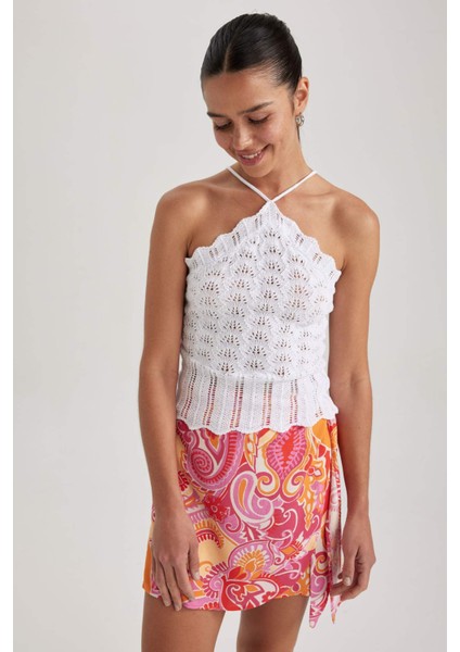 Fitted Halter Yaka Kroşe Beyaz Atlet A9337AX23HS