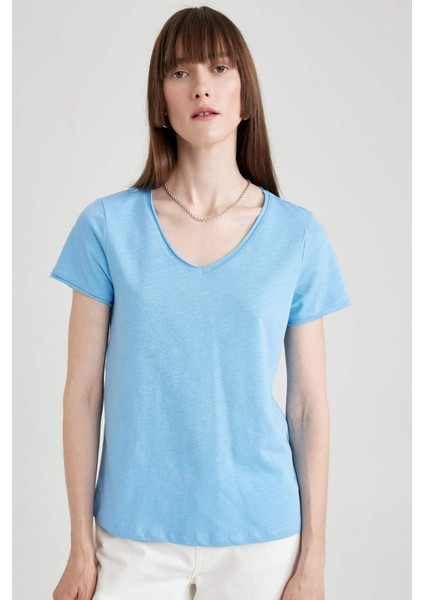 Regular Fit V Yaka Basic Düz Kısa Kollu %100 Pamuk Tişört K1507AZ23SM