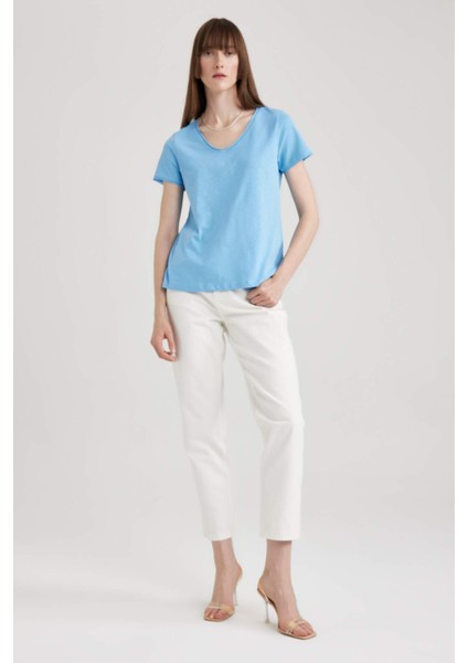 Regular Fit V Yaka Basic Düz Kısa Kollu %100 Pamuk Tişört K1507AZ23SM