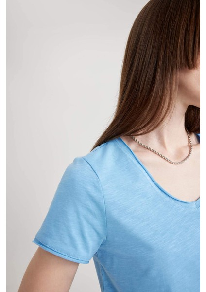 Regular Fit V Yaka Basic Düz Kısa Kollu %100 Pamuk Tişört K1507AZ23SM