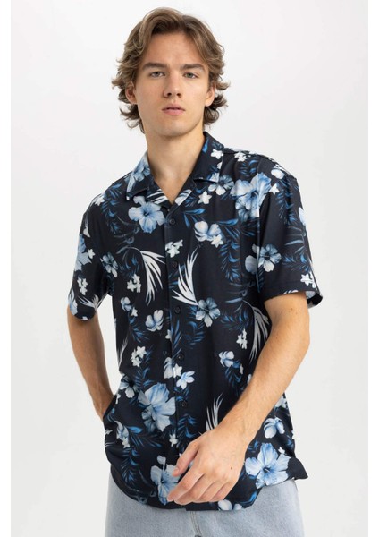 Regular Fit Apaş Yaka Desenli Kısa Kollu Gömlek A4655AX23HS