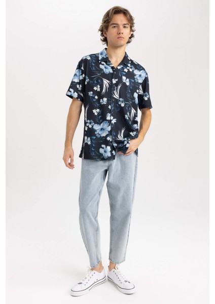 Regular Fit Apaş Yaka Desenli Kısa Kollu Gömlek A4655AX23HS