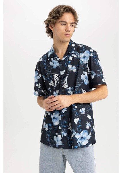 Regular Fit Apaş Yaka Desenli Kısa Kollu Gömlek A4655AX23HS