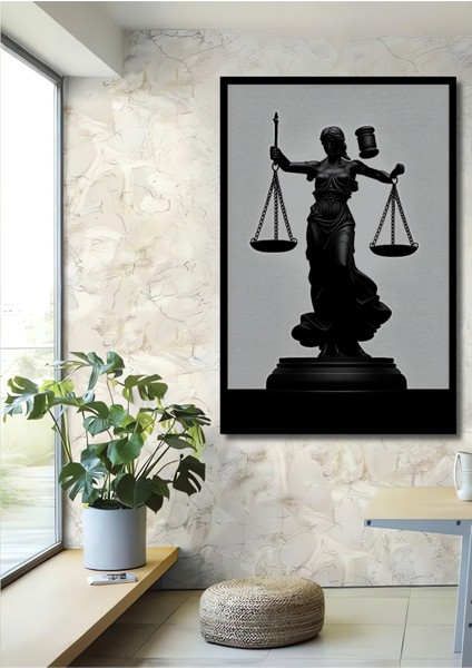 Çerçeve Görünümlü Adalet Tanrıçası Temalı Siyah Beyaz Dekoratif Ahşap Ev/işyeri/ofis Kare Tablo
