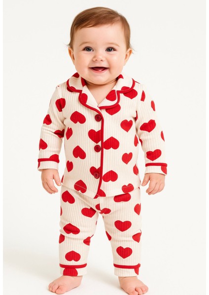 Tuem Baby Kız Bebek Gömlek Yaka Kırmızı Kalp Baskılı Uzun Kollu Pijama Takımı 6-9 Ay/ 9-12 Ay/ 12-18 Ay/ 18-24 Ay