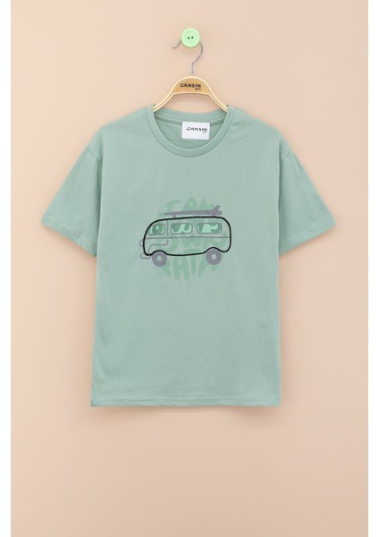 Yeşil Araba Baskılı Bisiklet Yaka Erkek Çocuk Kısa Kol Tişört 20925