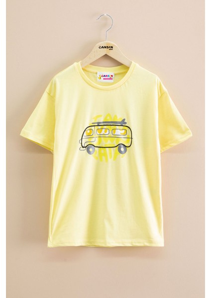 Sarı Araba Baskılı Bisiklet Yaka Erkek Çocuk Kısa Kol Tişört 20922