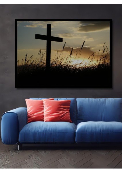 Çerçeve Görünümlü Huzurlu Gün Batımı Haç ve Otlar Yağlı Boya Görünümlü Ahşap Ofis Kare Tablo