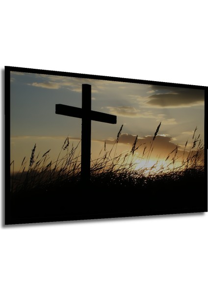 Çerçeve Görünümlü Huzurlu Gün Batımı Haç ve Otlar Yağlı Boya Görünümlü Ahşap Ofis Kare Tablo modelleri