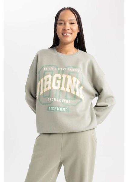 Oversize Geniş Kalıp Bisiklet Yaka Baskılı Kalın Kumaş Sweatshirt A8954AX23WN