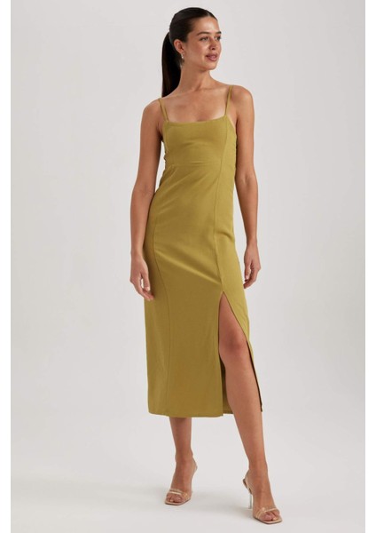 Kare Yaka Keten Karışımlı Yırtmaçlı Askılı Midi Elbise