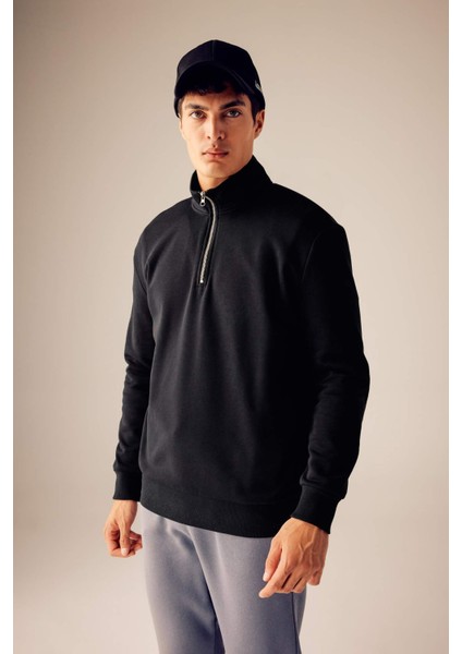 Comfort Regular Fit Rahat Kalıp Fermuarlı Dik Yaka Basic Düz Sweatshirt X7405AZ23AU
