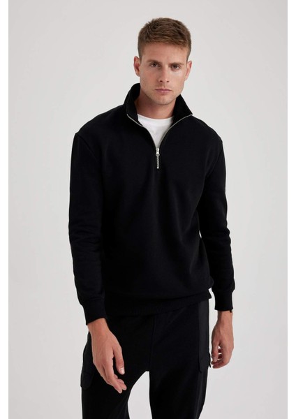 Comfort Regular Fit Rahat Kalıp Fermuarlı Dik Yaka Basic Düz Sweatshirt X7405AZ23AU