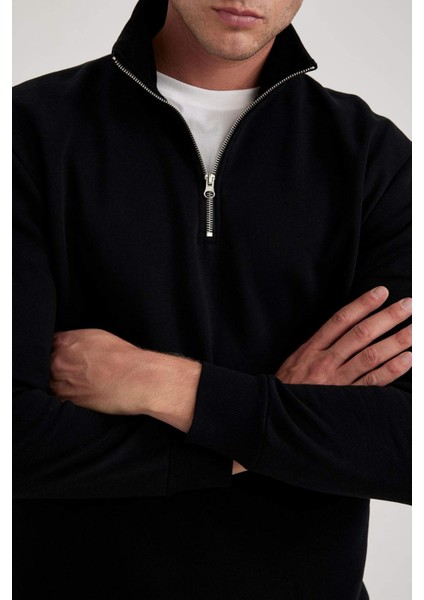Comfort Regular Fit Rahat Kalıp Fermuarlı Dik Yaka Basic Düz Sweatshirt X7405AZ23AU