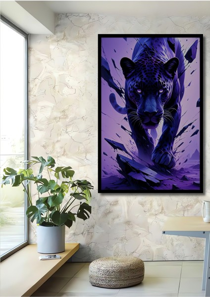 Çerçeve Görünümlü Mor Panter Yağlı Boya Görünümlü Modern Sanat Dekoratif Ahşap Ofis Kare Tablo