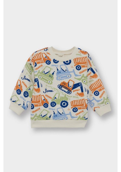 Erkek Bebek Bisiklet Yaka Araç Baskılı İçi Yumuşak Tüylü Sweatshirt E9935A525AU