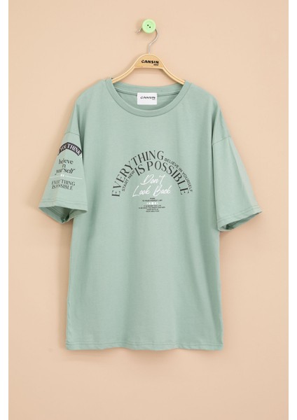 Yeşil Kolu Yazı Detaylı Bisiklet Yaka Erkek Çocuk Tişört 20901